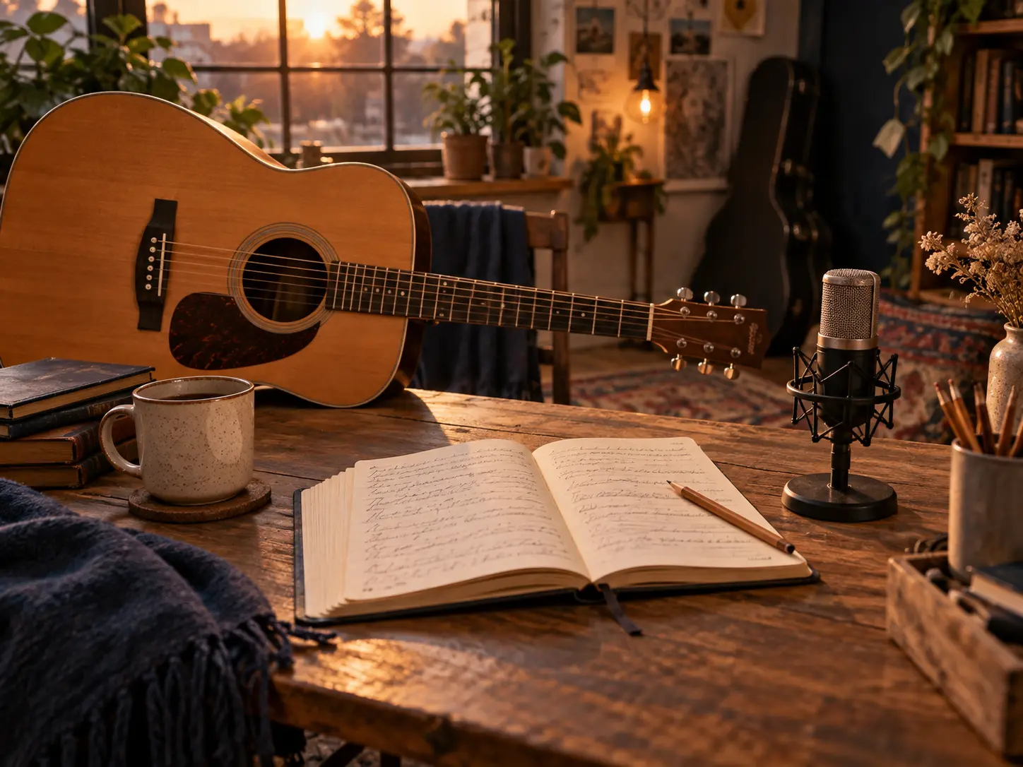 Carnet de paroles et guitare illustrant une chanson créée sur mesure
