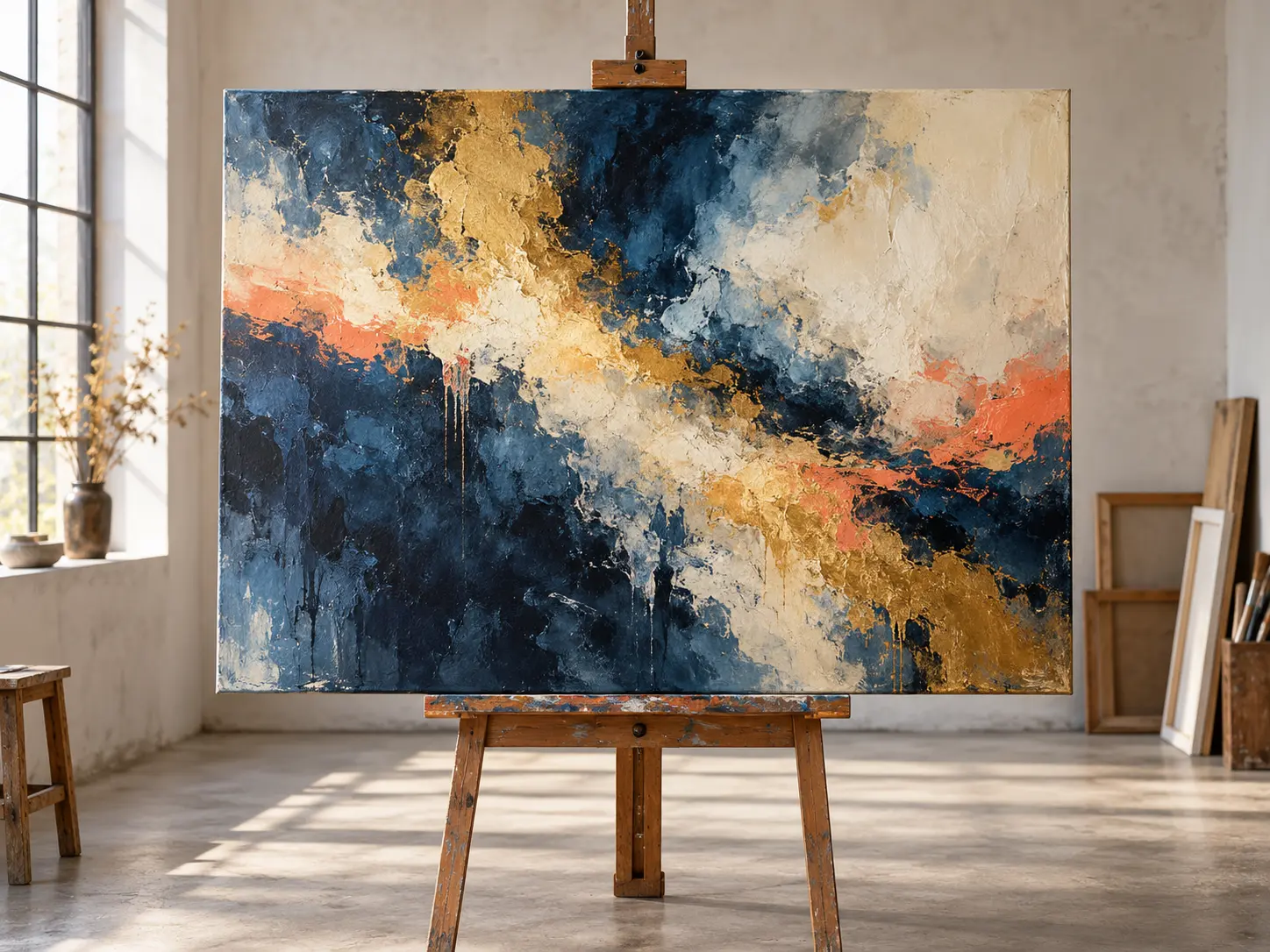 Peinture abstraite Éclat d’orage aux tons bleu nuit, ocre et corail
