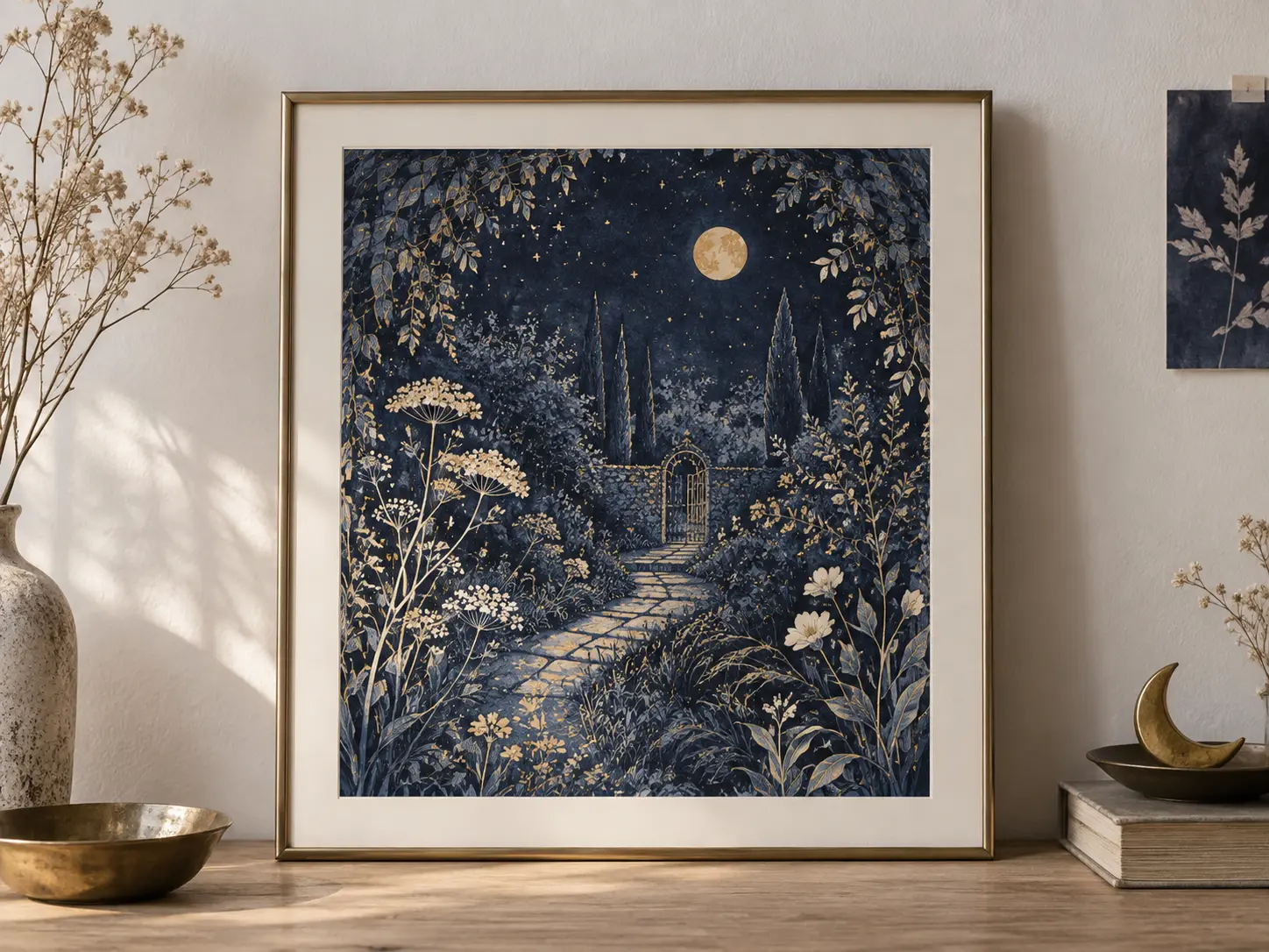 Dessin Jardin nocturne représentant un jardin imaginaire à l’encre bleue