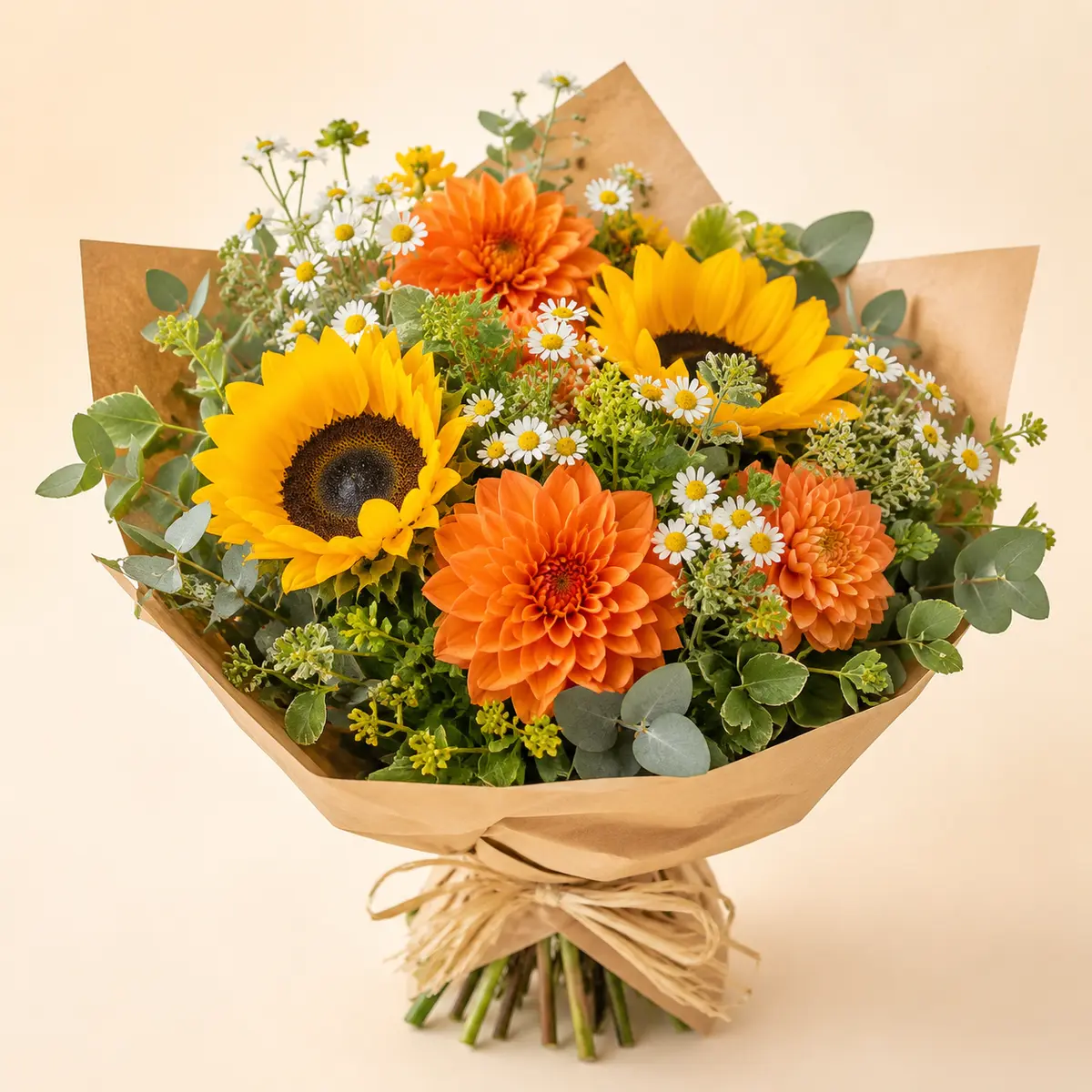 Bouquet Solaire avec tournesols et fleurs orangées
