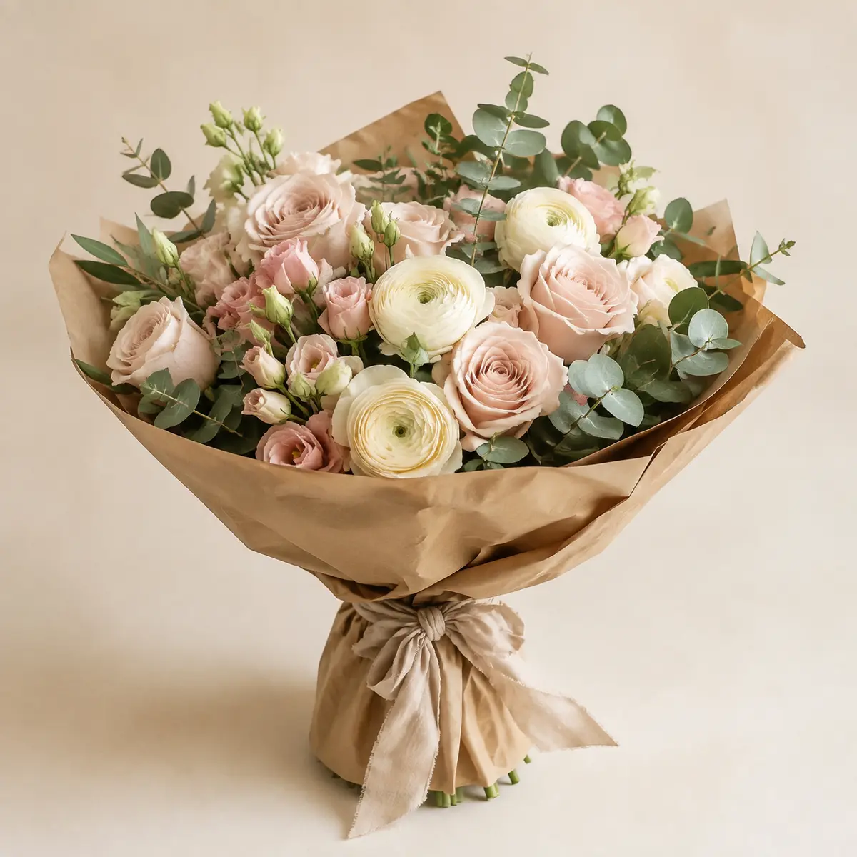 Bouquet Tendresse composé de roses poudrées, de fleurs crème et d’eucalyptus