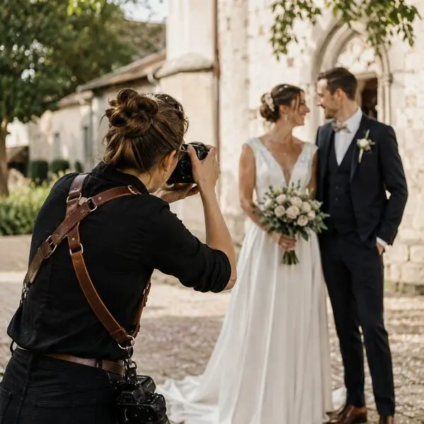 Photographe de mariage réalisant un reportage
