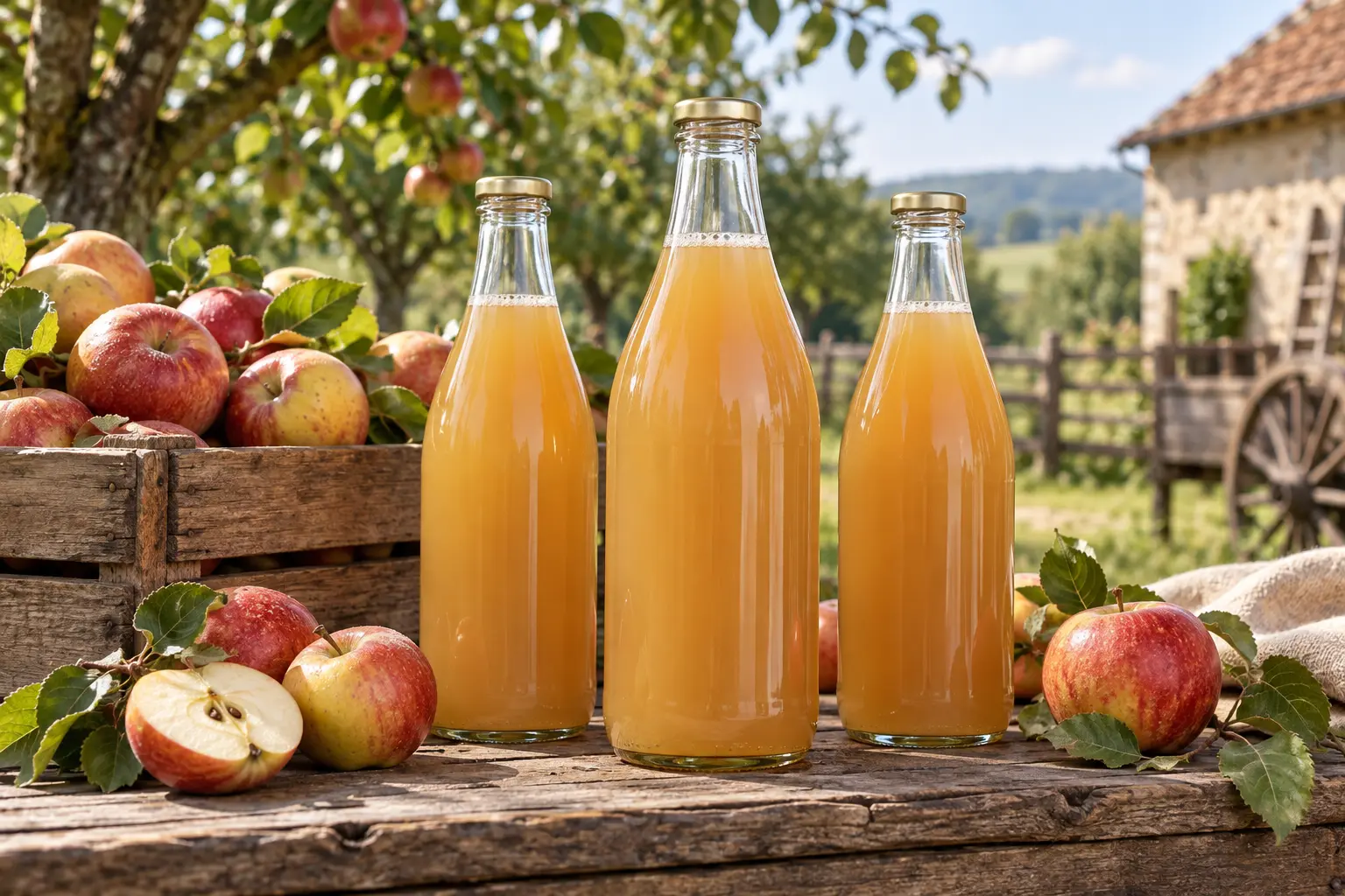 Bouteilles de jus de pomme artisanal avec pommes locales
