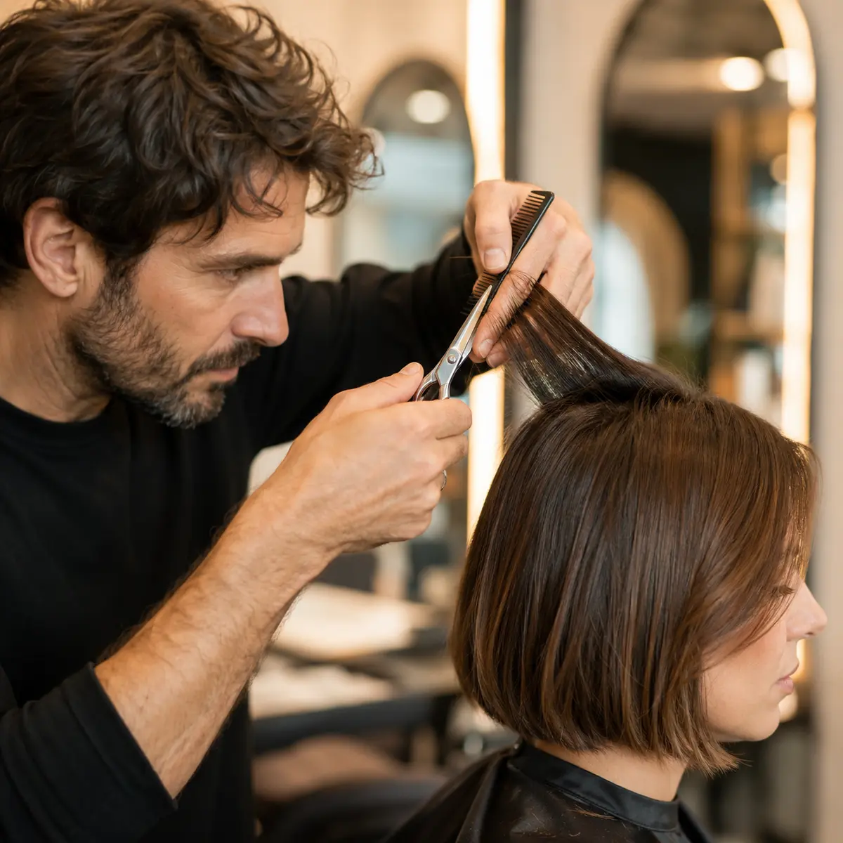 Coiffeur réalisant une coupe précise sur cheveux courts